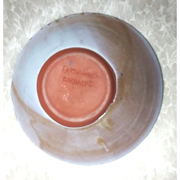 Earthworks Barbados Glazed Pottery bowl Gorgeous 8"x2.25" floral blue yellow EUC - Picture 5 of 6